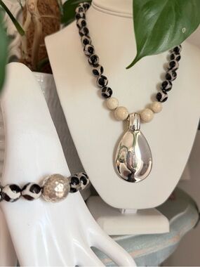 Simon Sebbag 925 Sterling Silver Pendant Beaded Necklace & Bracelet